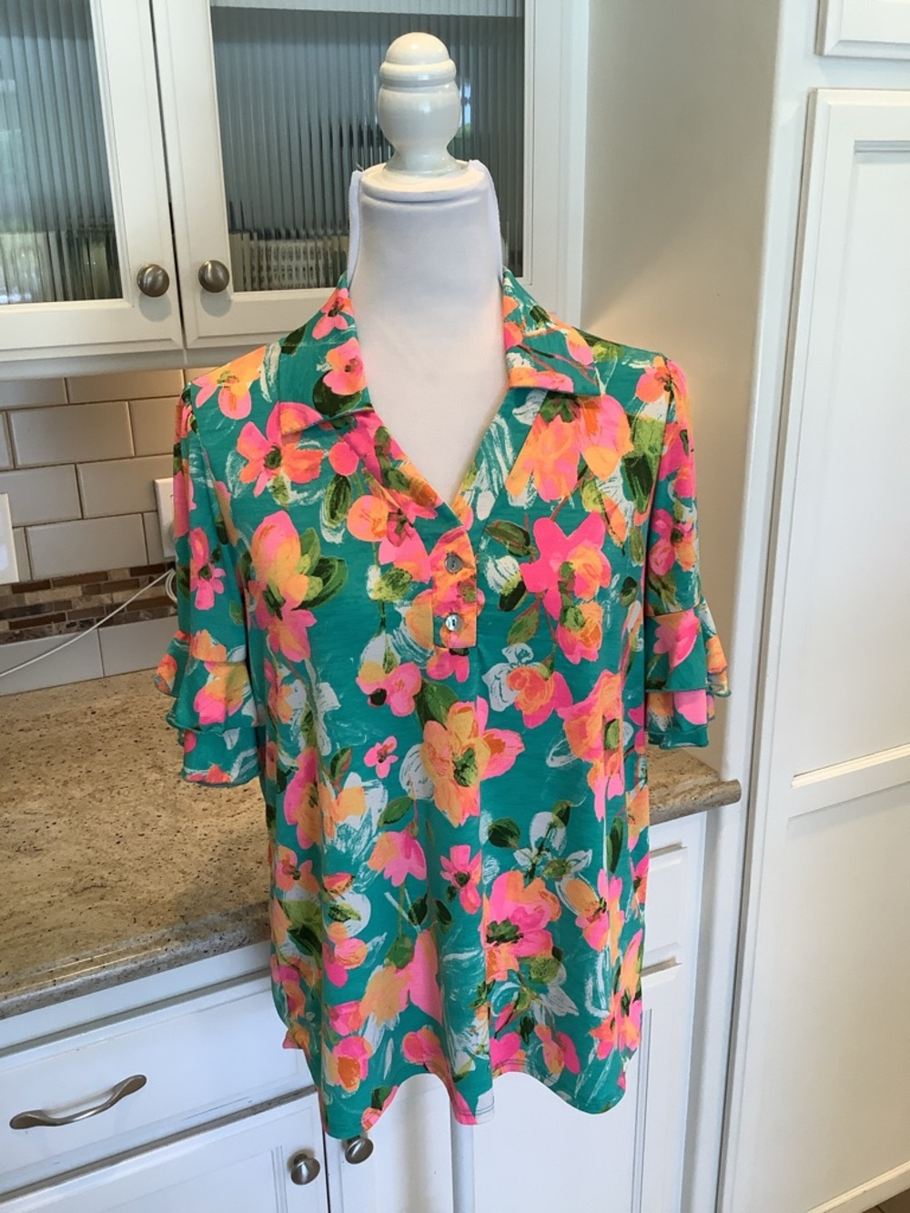Sew In Love Teal Top with Pink & Green Floral Print Size Small